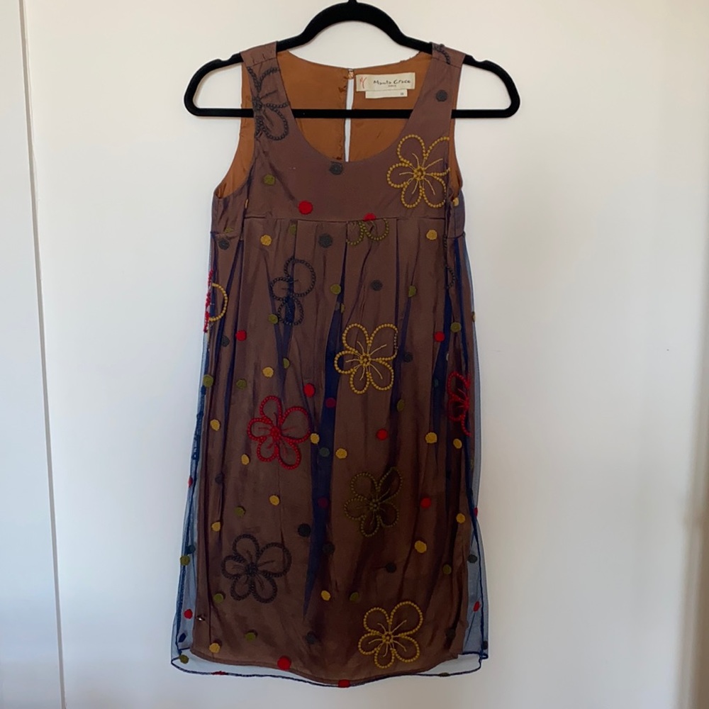 Manila Grace Brown Dress with Flower Mesh Overlay